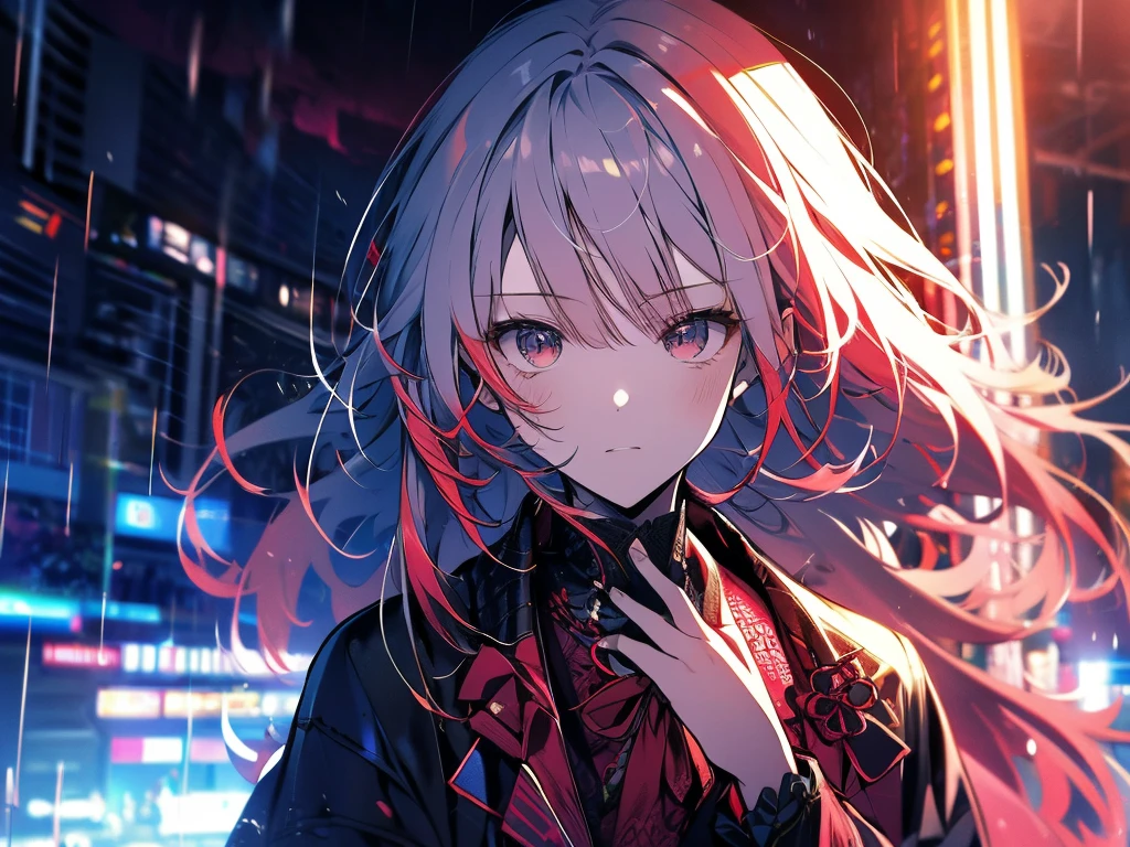 Nakiri Ayame、
oni hornulticolor hair、
long hair、
red eyes、
white hair、One Girl、morning、rain、coat、Put your hands in your pockets、They will laugh、Super colorful、Red-based color scheme、Melancholic expression、