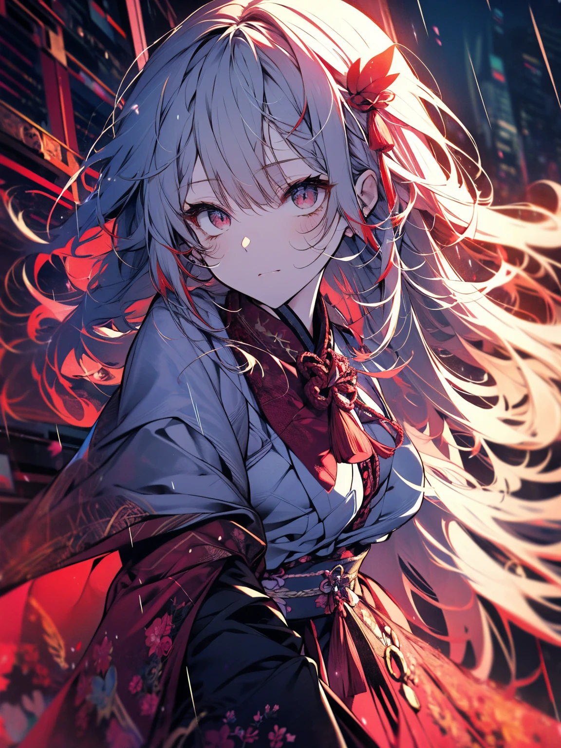 Nakiri Ayame、
oni hornulticolor hair、
long hair、
red eyes、
white hair、One Girl、morning、rain、coat、Put your hands in your pockets、They will laugh、Super colorful、Red-based color scheme、Melancholic expression、