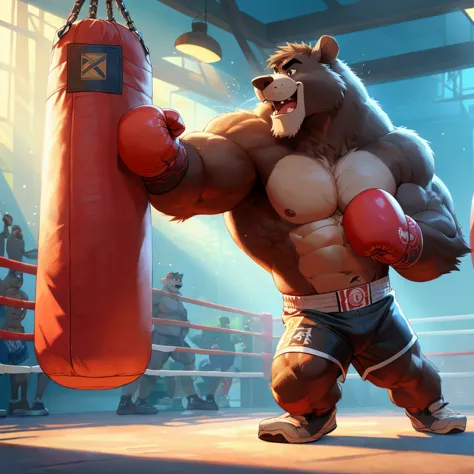 baloo's training for the boxing championship, dark fur, thick arm, huge arm, dark hair, muscular, pectoral, wide pectoral, reali...