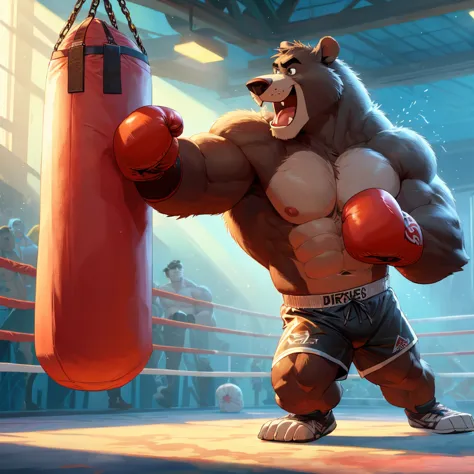 baloo's training for the boxing championship, dark fur, thick arm, huge arm, dark hair, muscular, pectoral, wide pectoral, reali...