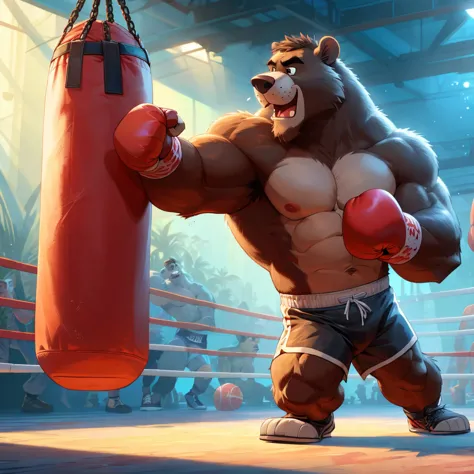 baloo's training for the boxing championship, dark fur, thick arm, huge arm, dark hair, muscular, pectoral, wide pectoral, reali...