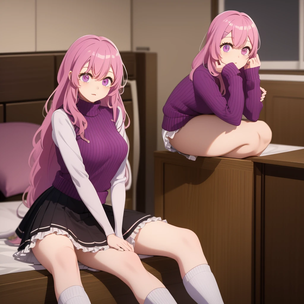 A beautiful young girl from the anime Oshi no Ko universe, 14 years old, she have long wavy pink hair with purple eyes with star in her pupils she wear casual clothes like a sweater too long for her, a skirt and stocking, she is in her bedroom wearing a diaper