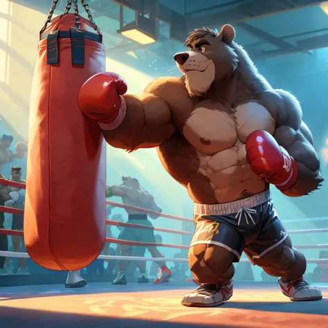 baloo's training for the boxing championship, dark fur, thick arm, huge arm, dark hair, muscular, pectoral, wide pectoral, reali...