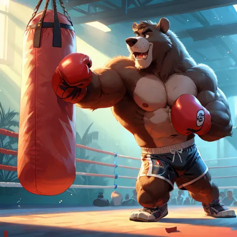 baloo's training for the boxing championship, dark fur, thick arm, huge arm, dark hair, muscular, pectoral, wide pectoral, reali...