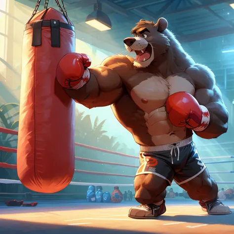 baloo's training for the boxing championship, dark fur, thick arm, huge arm, dark hair, muscular, pectoral, wide pectoral, reali...