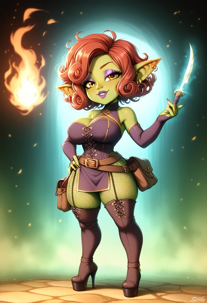 Girl, goblin girl, goblin, green skin, short, short stature, short hair, red hair, curly hair, large breasts, long gloves, thigh boots, pouty lips, masterpiece, best quality, sexy, dynamic pose, 8k, shortstack, sfw, shiny, fantasy, dungeons and dragons, high heels,  fishnets, holding, dark green skin, adventurer, slutty pose, sorcerer, sorceress, pyromancer, fire and ice, magic, fire and ice magic, long detailed slutty colorful dress, thigh pouch, very curly hair, lots of belts, curly hairstyle, lipstick, rosy cheeks, smile, eyeshadow, eye liner, knife belt on hip