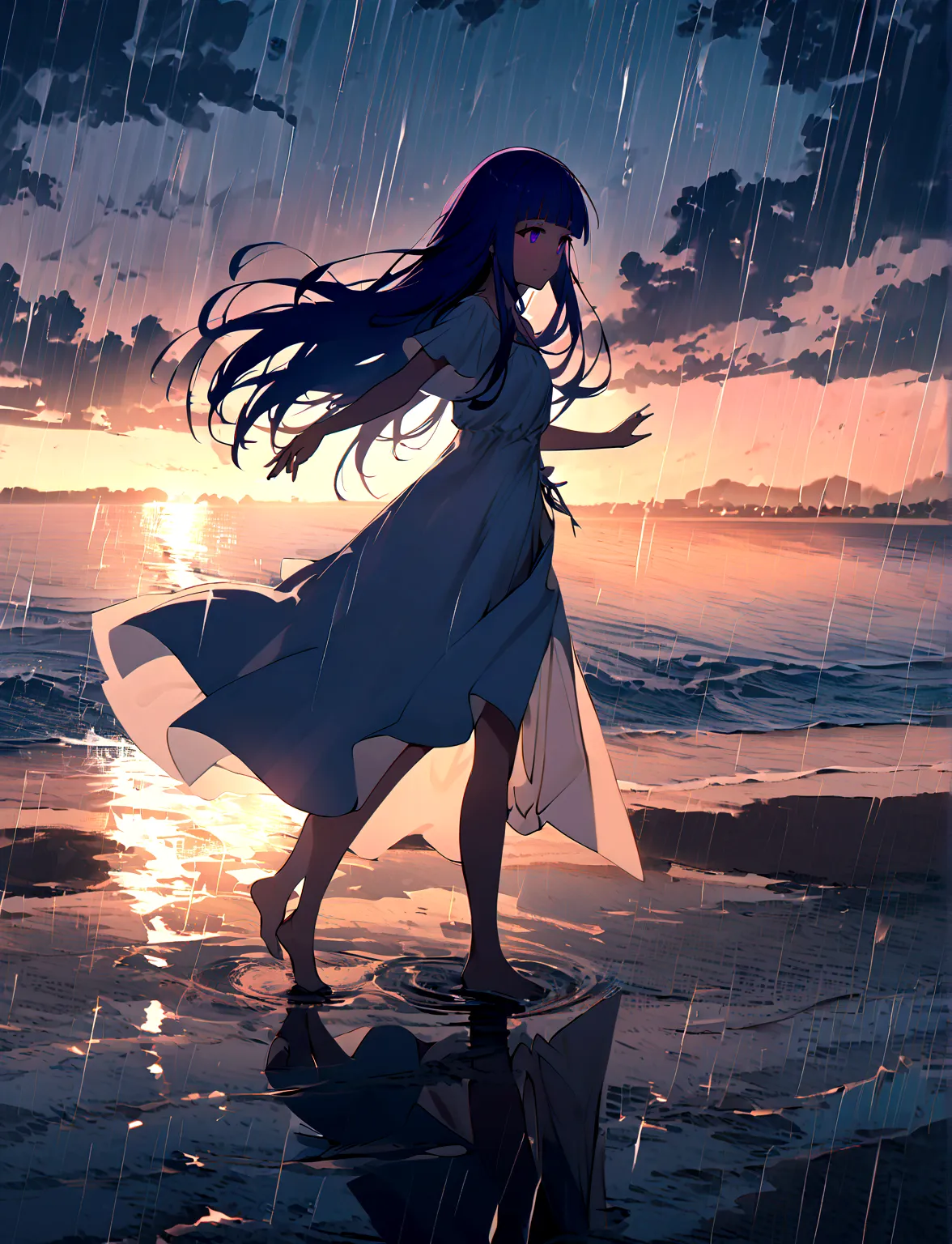 1 girl, alone, blue hair, purple eyes, long hair, blunt bangs, bangs, dawn, seaside, (rain), girl, (dance), water&#39;s edge, fl...