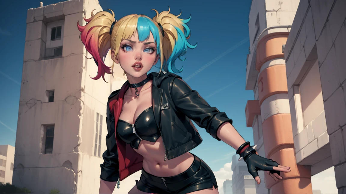 work of art, best qualityer, ultra detali), dynamic pose, dynamic lighting, Looking at Viewer, Linda, ultra realistic,32k, work of art:1.2),(highly detailed skin:1.1),( 8k hd, dslr, high qualiy:1.1),  perfect body,harley quinn, bangs, blue eyes, blonde hair, twintails, blue hair, multicolored hair, choker, gradient hair, makeup, piercing, pink hair, lips, lipstick, red lips,
thighhighs, gloves, navel, cleavage, jewelry, jacket, open clothes, shorts, black gloves, midriff, black thighhighs, fingerless gloves, collar, bracelet, open jacket, black jacket, crop top, torn clothes, short shorts, tattoo, chain, spikes, cropped jacket, spiked bracelet, spiked collar, micro shorts, multicolored jacket,(melhor iluminação), ((iluminação cinematográfica)),ângulo sugestivo,iluminação sexy, riso confiante,tiro cowboy,de cima:1.2 , cócoras, inclinando para frente,very cute, pose sugestiva