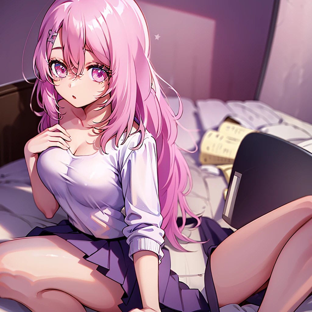 A beautiful young girl from the anime Oshi no Ko universe, 14 years old, she have long wavy pink hair with purple eyes with star in her pupils she wear casual clothes like a sweater too long for her, a skirt and stocking, she is in her bed room sitting on her bed in front of us, she have a enormous chest