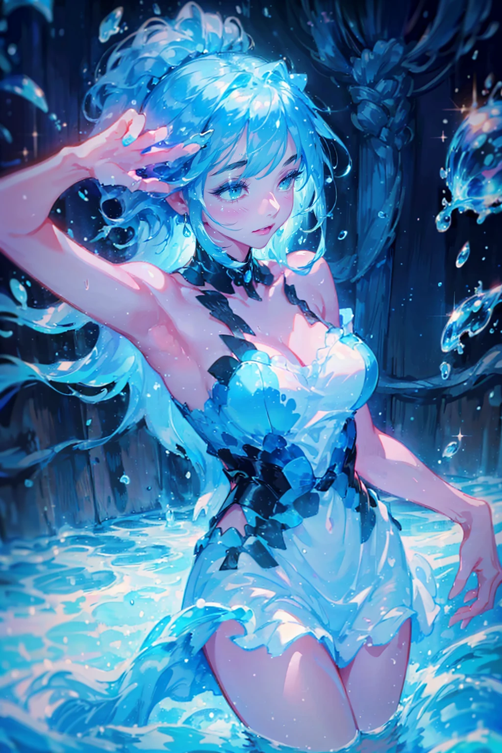 1girl,solo,cute,bigbreast,cleavage,dancing in the water,covered with water particles,water splashing face,flowing water,covered with water,hair ends with water stream,water explosion,water splashes,blue,pink