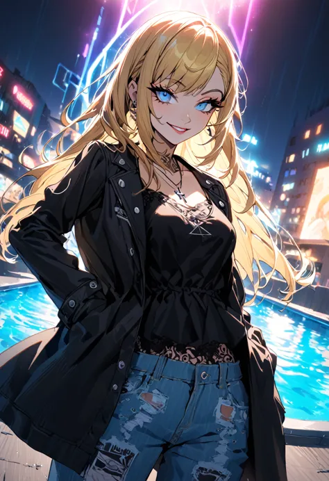 1 girl, holo-punk style, hair blonde, blue eyes pool, aretes, eyelash, ssmile, beachfront, jewerly, lips, make up, cross necklac...