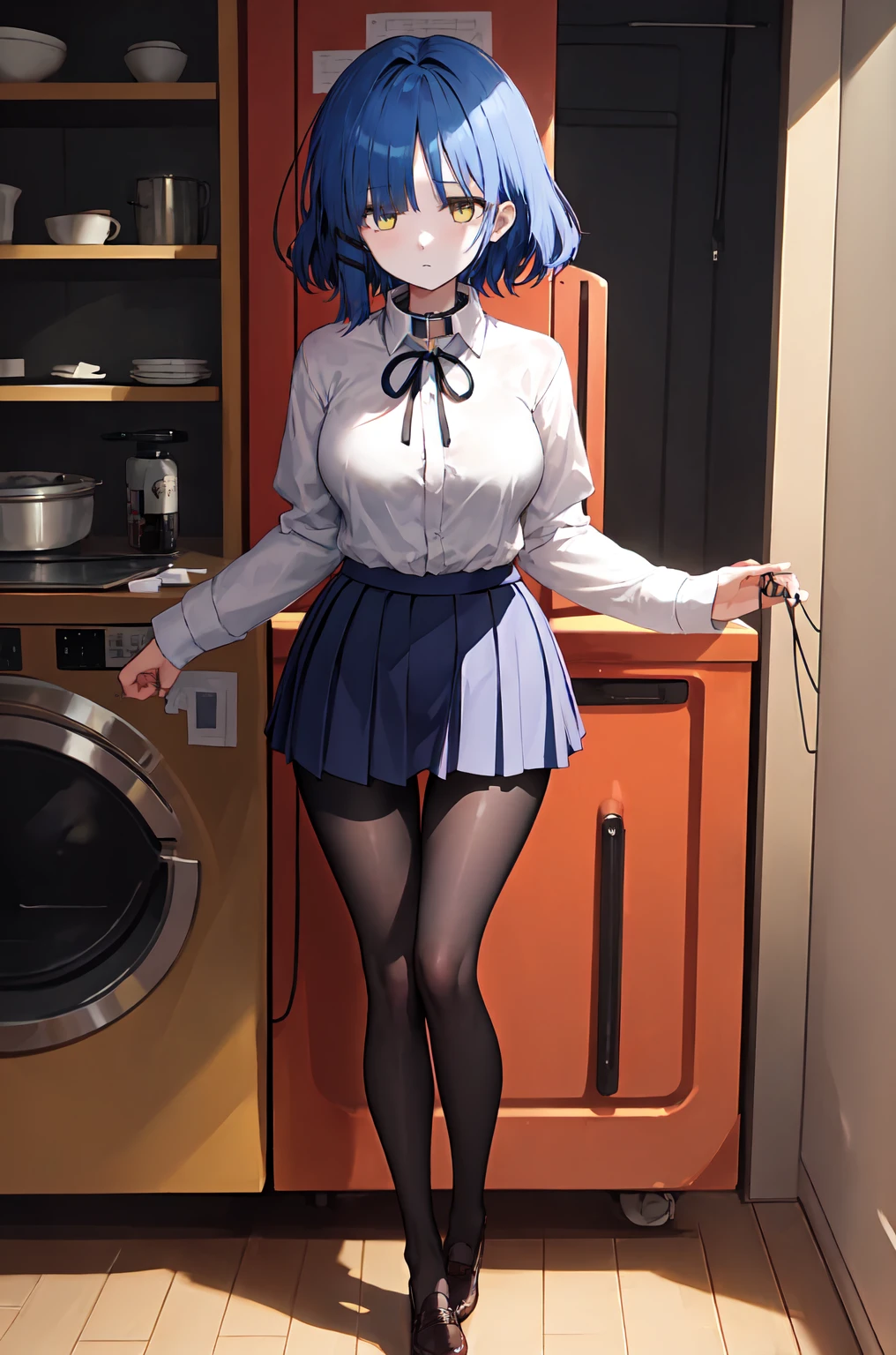 masterpiece, best quality, ultra-high-detailed, 1girl, white shirt, neck ribbon, short over long sleeves, pleated skirt, black pantyhose micro tanding、(Expressionless:1.3), Wide Hips, Thick thighs, (Thigh Gap:1.2), （Big Breasts:1.4),a room、（Wearing a collar）、（Being connected by a lead、）（squat:1.4)