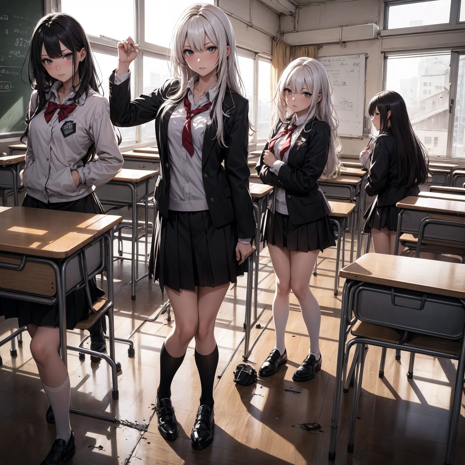 Bad group of female students, (In the classroom), snap shot、Revealing clothing、Various Hair Styles, Harem,Evil friend、 lure、Taunt、Bitch、Bad pose、Acting tough、Post-apocalyptic,Rough classroom、 Detailed aspect, Short skirt, lureする, , Dirty body, Broken glass