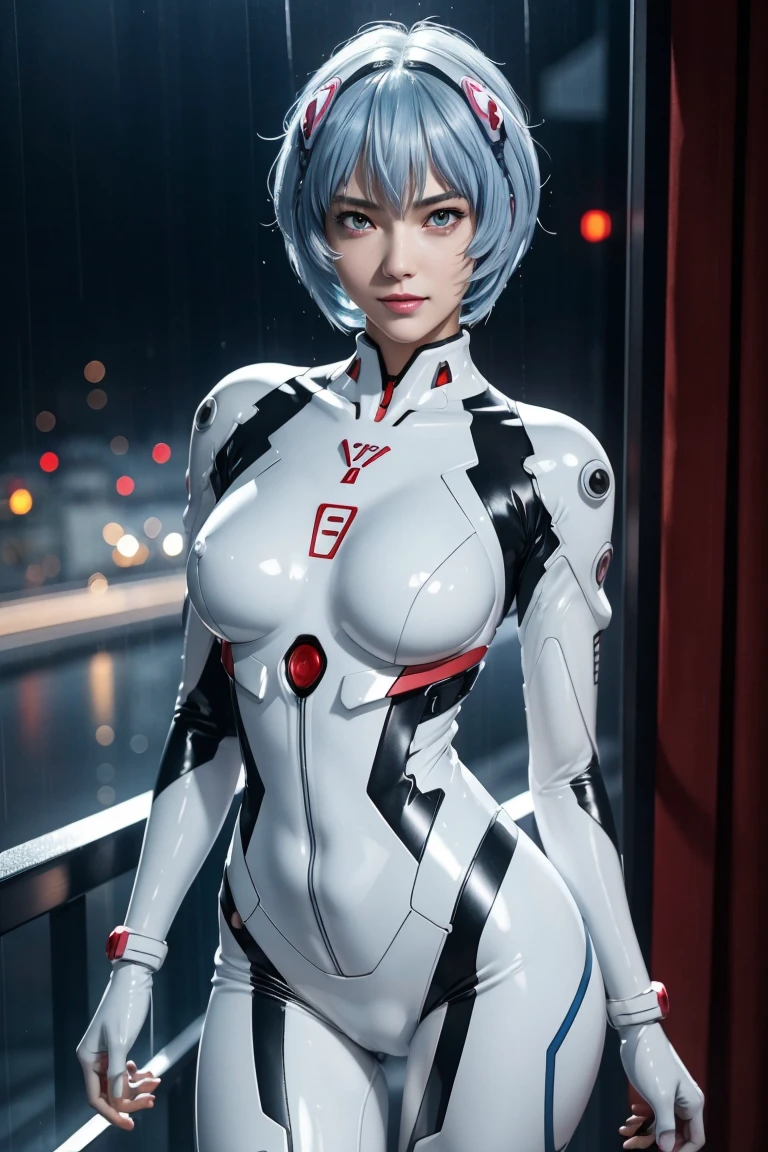 Evangelion,Rei Ayanami,Silver Blue Hair,Red eyes,Red Eyes,Plug Suit,Bodysuits,Interface Headset,白いBodysuits,Ultra HD,super high quality,masterpiece,Digital SLR,Photorealistic,Detailed details,Vivid details,Depicted in detail,A detailed face,Detailed details,Super Detail,Realistic skin texture,Anatomical basis,Perfect Anatomy,Anatomically correct hand,Anatomically correct fingers,Complex 3D rendering,Sexy pose,Rainy Sky,Beautiful scenery,Fantastic rainy sky,Picturesque,Pink Lips,smile,