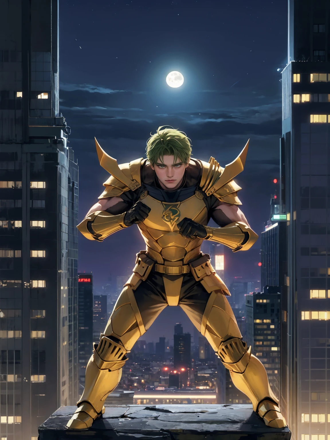 (masterpiece, 4K resolution, Surreal, Very detailed), (Zodiac Knight Theme, Charming, There was a boy at the top of the city, Sagittarius knight in golden armor, He's a superhero), [ ((20 years), (Green short hair:1.2), whole body, (Green Eyes:1.2), ((Fighting Stance),demonstration of strength), ((Sandy urban environment):0.8)| (city View, night, Dynamic Lighting), (Full Moon))