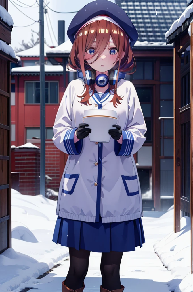 Mikunakano, miku nakano, Long Hair, bangs, blue eyes, Brown Hair, shirt, Hair between the eyes,blush, Open your mouth,White Breath,Scarf,Headphones around neck,Knitted hat,Blue long coat,V-neck sweater,Long skirt,Black pantyhose,short boots,Fluffy gloves,Standing leaning against a wall,Snow is piled up,It&#39;s snowing,whole bodyがイラスト入るように,Hidden in a building with a roof,
break outdoors, 駅
break looking at viewer, whole body,
break (masterpiece:1.2), Highest quality, High resolution, unity 8k wallpaper, (figure:0.8), (Beautiful attention to detail:1.6), Highly detailed face, Perfect lighting, Highly detailed CG, (Perfect hands, Perfect Anatomy),