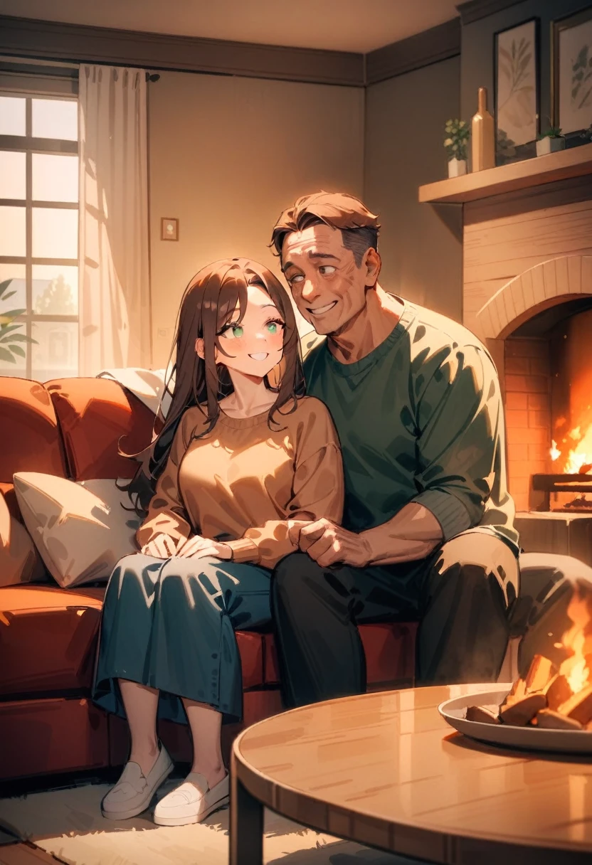 masterpiece, best quality, very aesthetic, absurdres, newest, 1boy, 1girl, middle-aged man, brown hair, short hair, blue eyes, looking at woman, smiling, middle-aged woman, brown hair, long hair, green eyes, looking at man, smiling, casual clothing, living room, sofa, fireplace, warm colors, full body