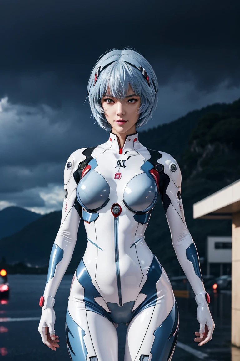 Evangelion,Rei Ayanami,Silberblaues Haar,rote Augen,rote Augen,Steckeranzug,Bodys,Schnittstelle Headset,白いBodys,Ultra HD,Super Qualität,Meisterwerk,Digital SLR,fotorealistisch,Detaillierte Details,lebendige Details,Im Detail dargestellt,Ein detailliertes Gesicht,Detaillierte Details,Super Detail,realistische Hautstruktur,Anatomische Grundlagen,Perfekte Anatomie,Anatomisch korrekte Hand,Anatomisch korrekte Finger,Komplexes 3D-Rendering,sexy Pose,regnerischer Himmel,schöne Landschaft,Fantastischer regnerischer Himmel,malerisch,pinke Lippen,lächeln,