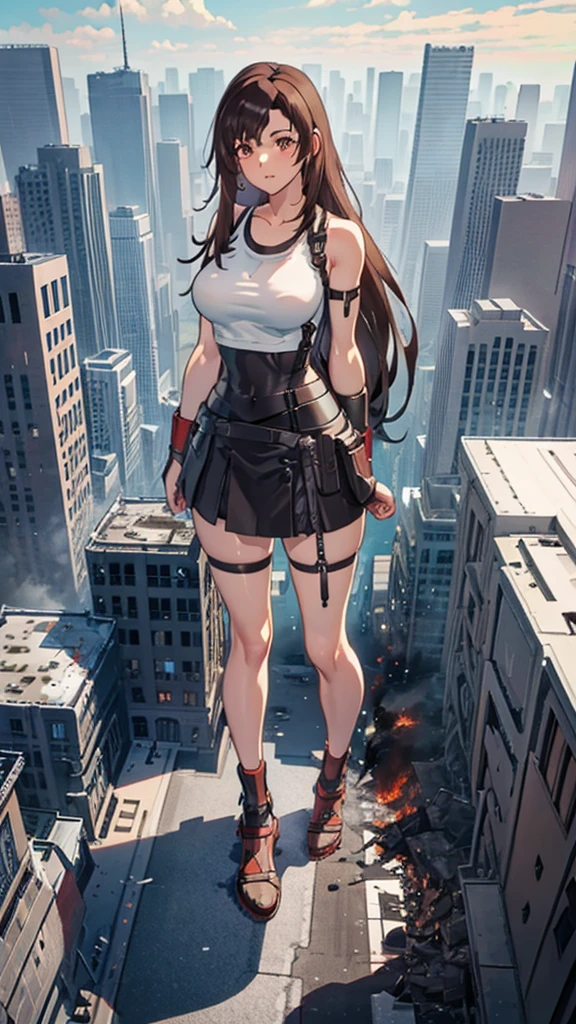 Anime Style　masterpiece　Unreal Engine　Precision　Cute Girls　giant girl　(Tifa Lockhart, bigger than a skyscraper))　((A view from the sky)) ((Destroyed city in flames)) ((Fire)) ((Destroyed buildings)) ((Destroyed cars)) ((Pile of rubble)) ((tifa lockhart((Final Fantasy 7))))) 90's Giant Girl on the Road in the Big City Uniform Skirt ((Dim cloudy sky)) Female Giant huge girl full body Destroyed skyscrapers, destroyed cars, crowd Unreal Engine,