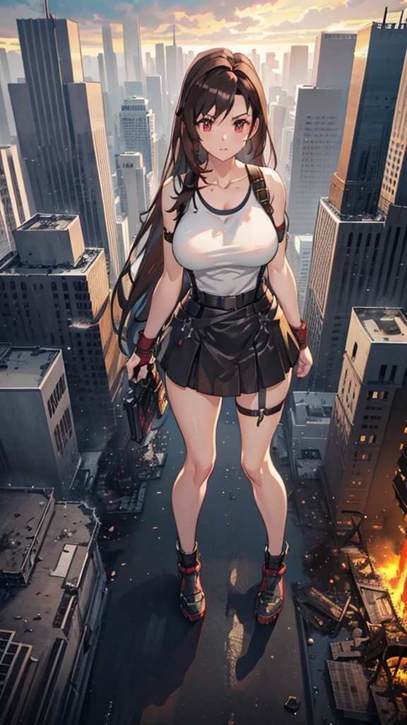 Anime Style　masterpiece　Unreal Engine　Precision　Cute Girls　giant girl　(Tifa Lockhart, bigger than a skyscraper))　((A view from the sky)) ((Destroyed city in flames)) ((Fire)) ((Destroyed buildings)) ((Destroyed cars)) ((Pile of rubble)) ((tifa lockhart((Final Fantasy 7))))) 90's Giant Girl on the Road in the Big City Uniform Skirt ((Dim cloudy sky)) Female Giant huge girl full body Destroyed skyscrapers, destroyed cars, crowd Unreal Engine,