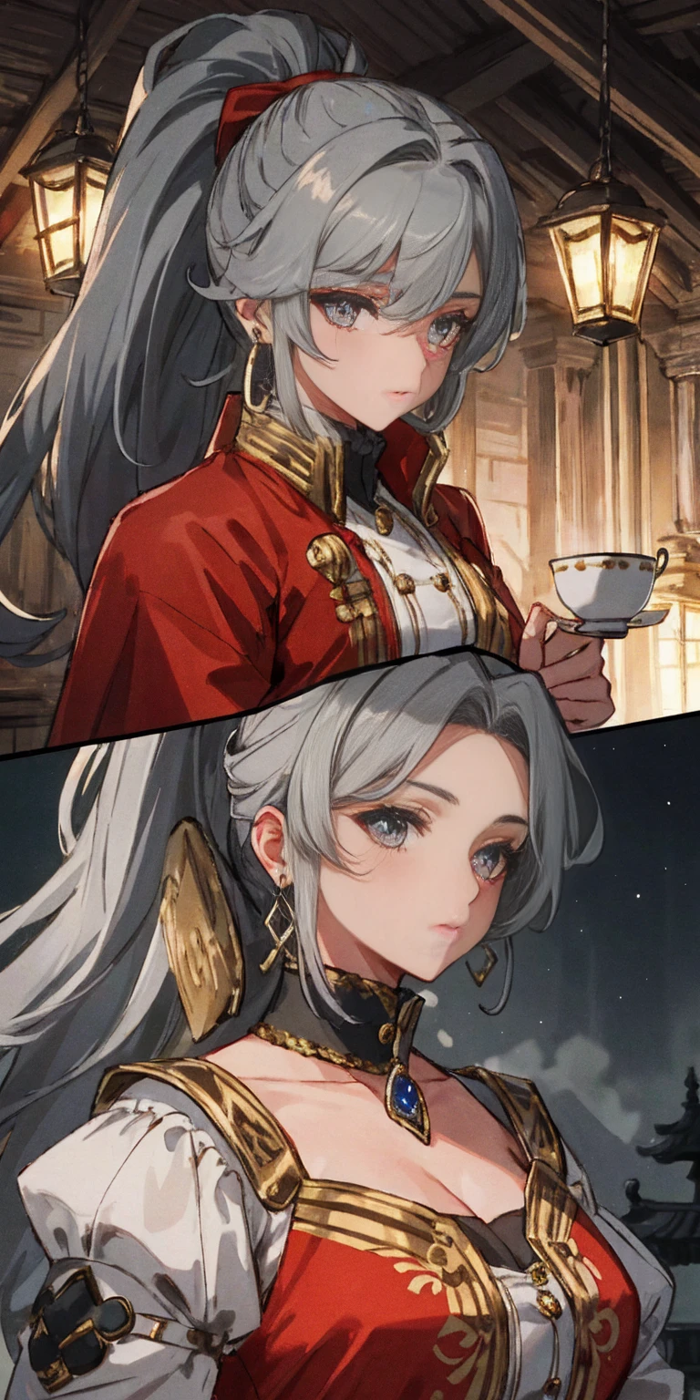 Gray Hair, Gray Eyes, ponytail, Royalty, Red Jewelry, Red Earrings, Lunar, Nobility, Nobleman, High Quality, Highly Detailed, Detailed Face, Masterpiece, Castle, Drinking Tea, Garden, Flowers, Lights