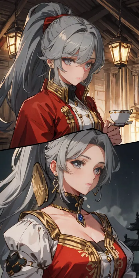 Gray Hair, Gray Eyes, ponytail, Royalty, Red Jewelry, Red Earrings, Lunar, Nobility, Nobleman, High Quality, Highly Detailed, De...