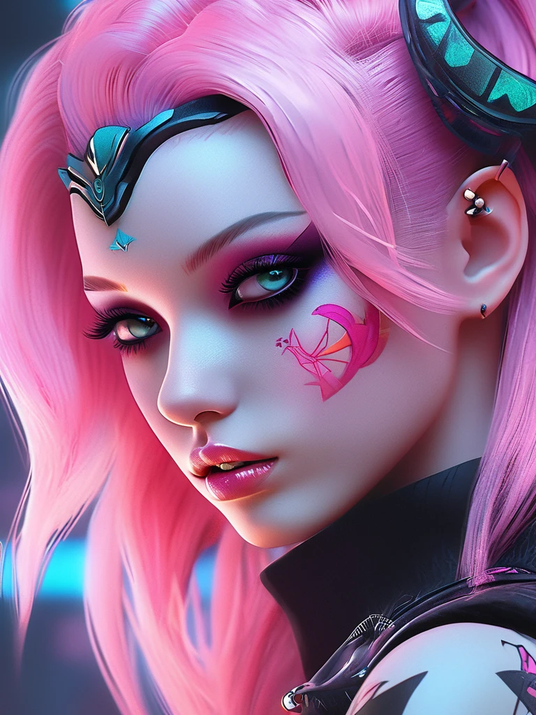 a close up of a woman with pink hair and tattoos, cyberpunk art inspired by rossdraws, trending on cg society, gothic art, demon girl, portrait of demon girl, beautiful succubus, demon anime girl, beautiful pink little alien girl, horrific digital art, pastel goth, gothic art style, gothic fantasy art, monster high makeup, trending on deviant art, full body 