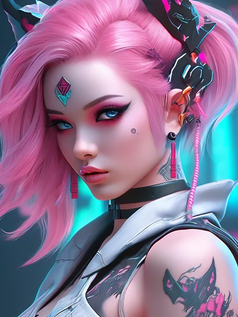 a close up of a woman with pink hair and tattoos, cyberpunk art inspired by rossdraws, trending on cg society, gothic art, demon...