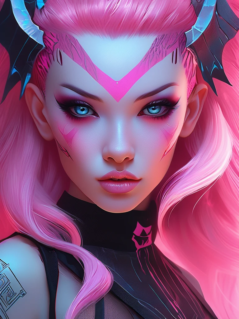 a close up of a woman with pink hair and tattoos, cyberpunk art inspired by rossdraws, trending on cg society, gothic art, demon girl, portrait of demon girl, beautiful succubus, demon anime girl, beautiful pink little alien girl, horrific digital art, pastel goth, gothic art style, gothic fantasy art, monster high makeup, trending on deviant art, full body 