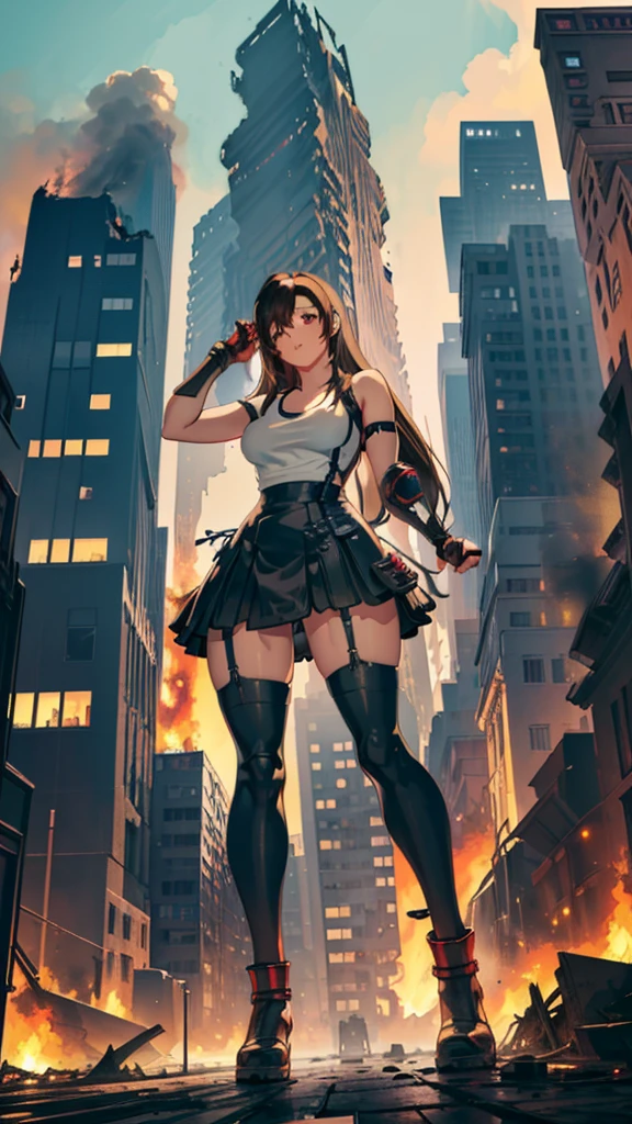 Anime Style　masterpiece　Unreal Engine　Precision　Cute Girls　giant girl　(Tifa Lockhart, bigger than a skyscraper))　 ((Destroyed city in flames)) ((Fire)) ((Destroyed buildings)) ((Destroyed cars)) ((Pile of rubble)) ((tifa lockhart((Final Fantasy 7))))) 90's Giant Girl on the Road in the Big City Uniform Skirt ((Dim cloudy sky)) Female Giant huge girl full body Destroyed skyscrapers, destroyed cars, crowd Unreal Engine,