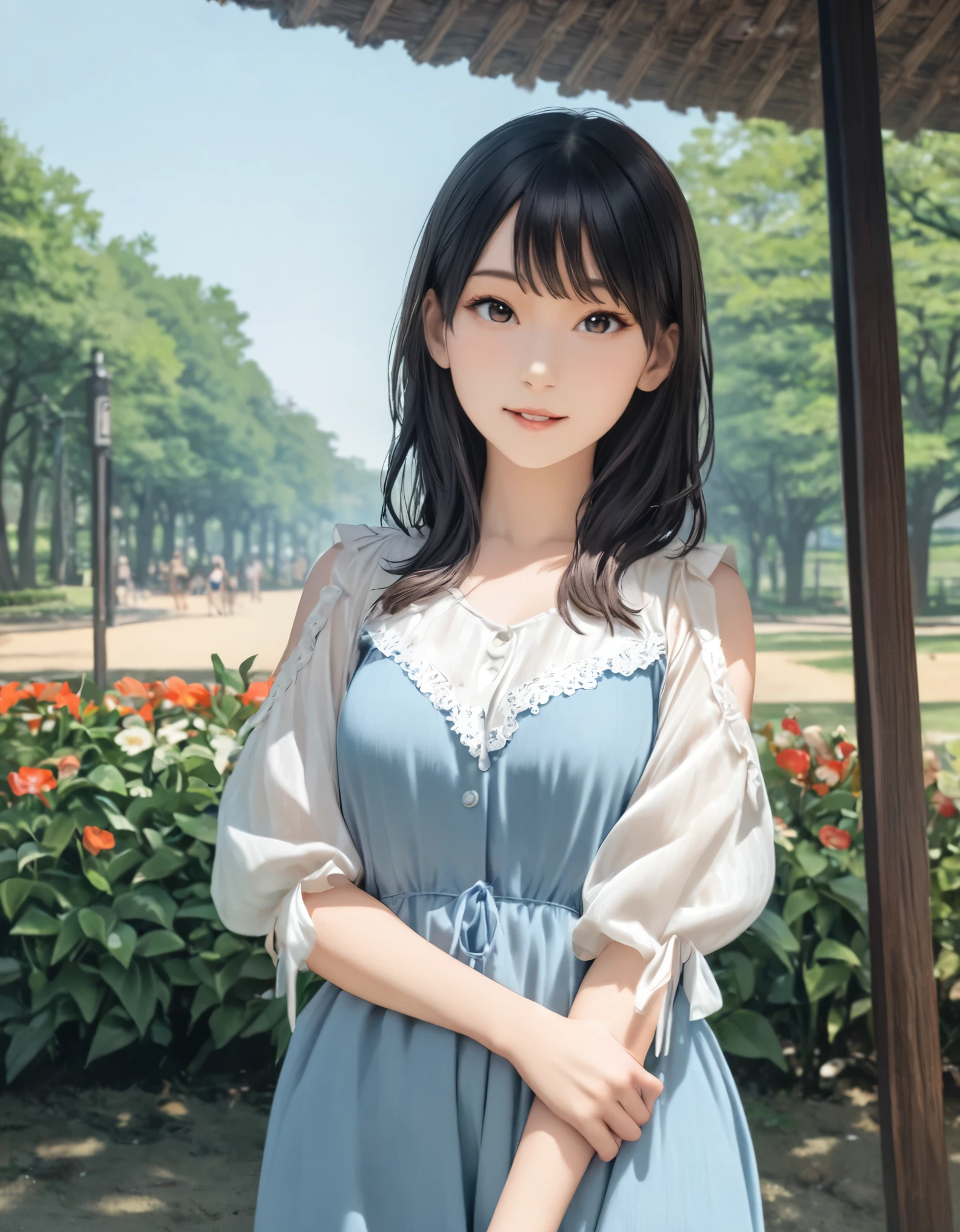 (best quality:1.2), 1girl, Ueno Park, blouse, summer, cowboy shot, shoot from front