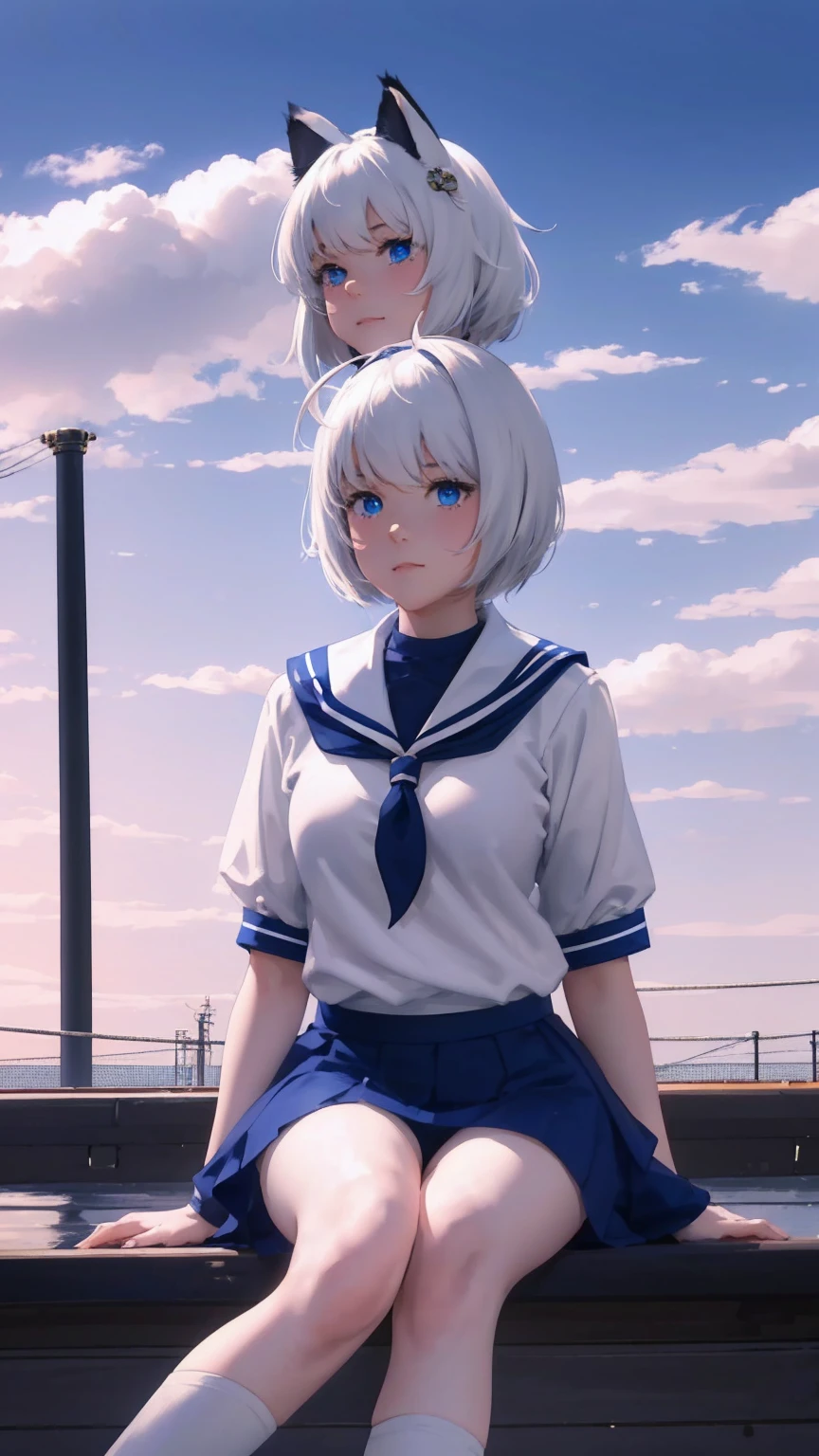 ((masterpiece, best quality)),a girl, solo, skirt, sky, sitting, thigh high socks, serafuku, cloud,outdoors ,day, bangs, fence, shirt, ahoge, rooftop, long hair, white thigh high socks,long hair, long white hair, white hair, white sailor collar,blue eyes, sailor collar, navy blue skirt, red neckerchief, white serafuku, animal ears, animal tail, no human ears, blue sky,white shirt, looking at viewer, closed mouth,cat ears, navy blue skirt, cloudy sky, pleated,no shoes,full body,landscape, aircraft carrier, katana, katana left hip, short girl,