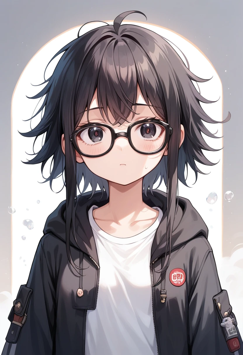 best quality, masterpiece, super high resolution, perfect anatomy, 1girl, black hair, short hair with long locks, messy hair, long sidelocks, short_bangs, sidelocks, black eyes, red pupils, small breasts, black hoodie, pantyhose, glasses, black eyewear, 23 years old, 
