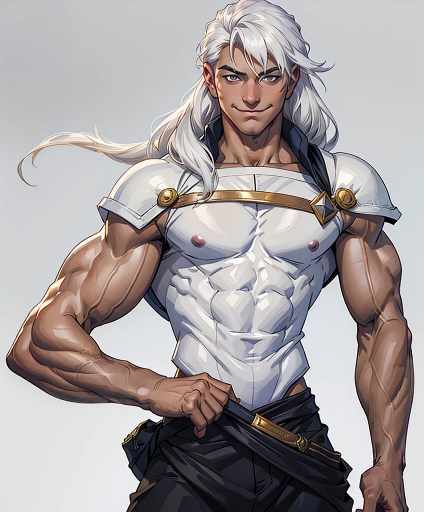 (((Luxurious shoulder-length white hair, dark complexion, and sexy smirk.))) (((18 years old.))) (((18yo.))) (((Cute smirk.))) (((Single character image.))) (((1boy))) Design a cute, handsome, male adventurer for a fantasy setting.  He is shy but a heartbreaker.  He has great hair, a handsome face and a sexy body.  The background is a medieval style port town.  He is considered sexually attractive.
