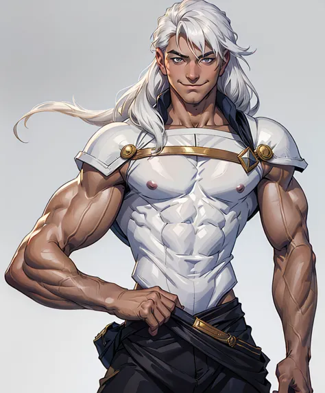 (((Luxurious shoulder-length white hair, dark complexion, and sexy smirk.))) (((18 years old.))) (((18yo.))) (((Cute smirk.))) (...