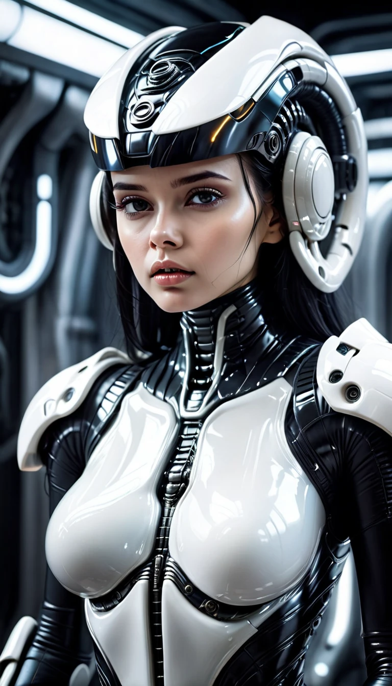  (highly detailed,cinematic lighting,dramatic colors,intricate machinery,futuristic technology,epic scale,moody atmosphere,seductive and sexy girl in scene, wearing a pale colored formfitting scifi outfit with translucent areas revealing her perfect feminine porportions, dark and gritty,masterpiece,best quality,8k,photorealistic,professional) (art inspired in H.R.Giger). (hyperrealistic oil painting, glossy gesso)