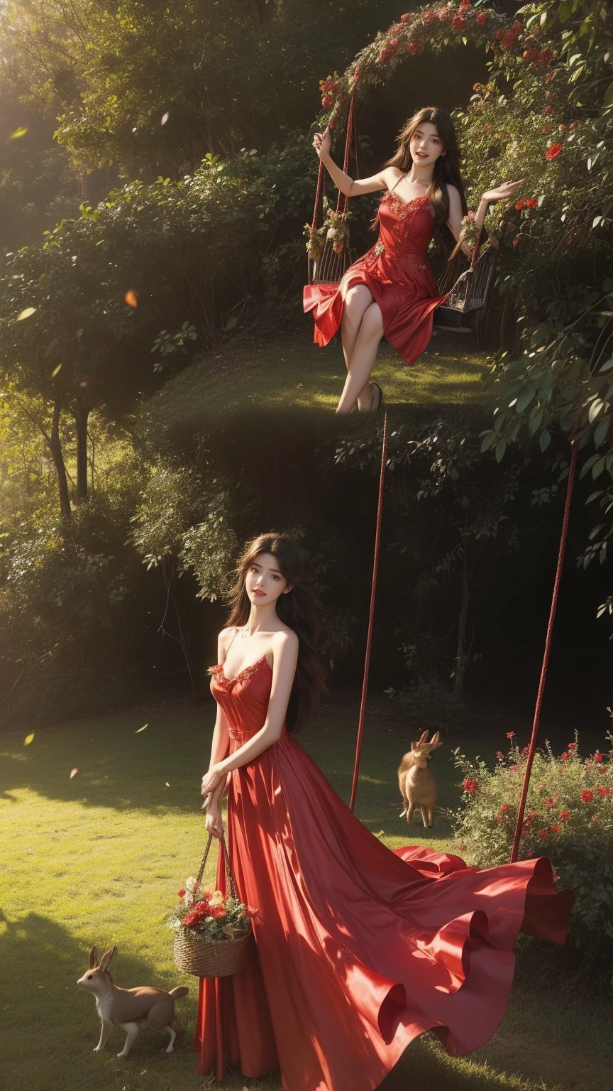 Una mujer hermosa con cabello largo,sonriente, alegre, la mujer llevaba un vestido largo rojo ondeando con gracia al viento,la mujer era muy hermosa, la bella mujer estaba jugando en un columpio, la bella mujer estaba rodeada de hermosas flores rojas, Bebe tenía conejos y ardillas en la hierba.,Hermosa y dulce, romantic, alegre and beautiful 