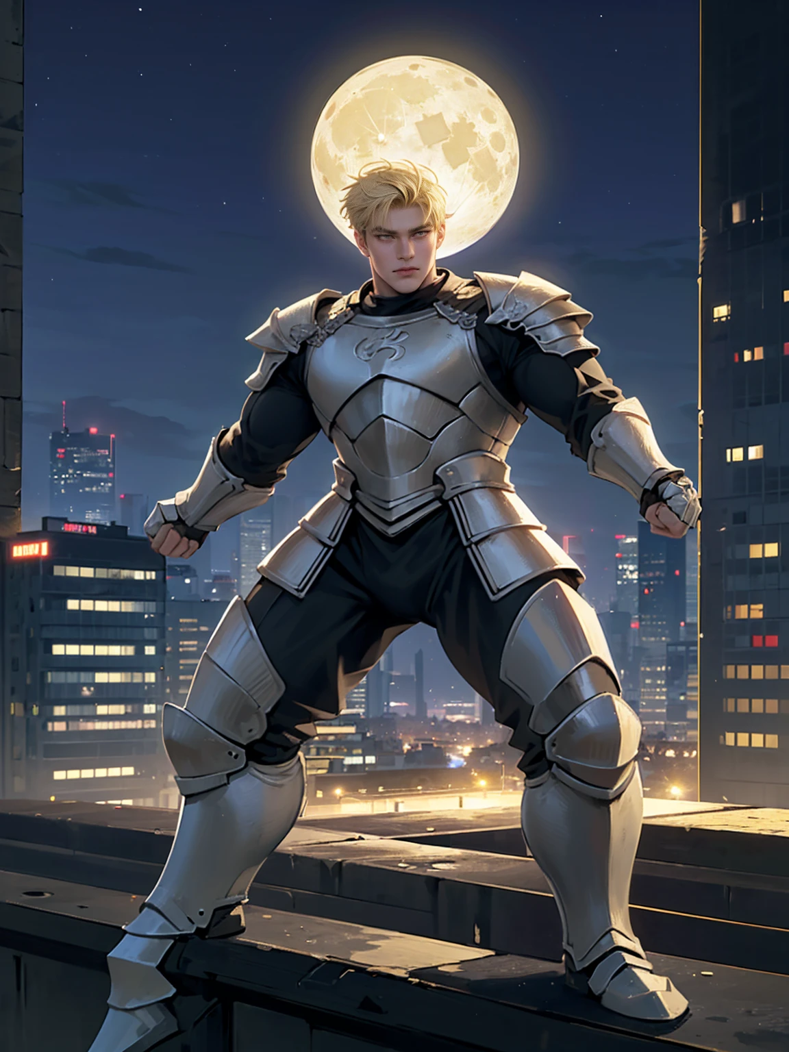 (masterpiece, 4K resolution, Surreal, Very detailed), (Knight theme, Charming, There was a boy at the top of the city, Knight in silver armor, He's a superhero), [ ((20 years), (Blonde short hair:1.2), whole body, (Yellow eyes:1.2), ((Fighting Stance),demonstration of strength), ((Sandy urban environment):0.8)| (city View, night, Dynamic Lighting), (Full Moon))
