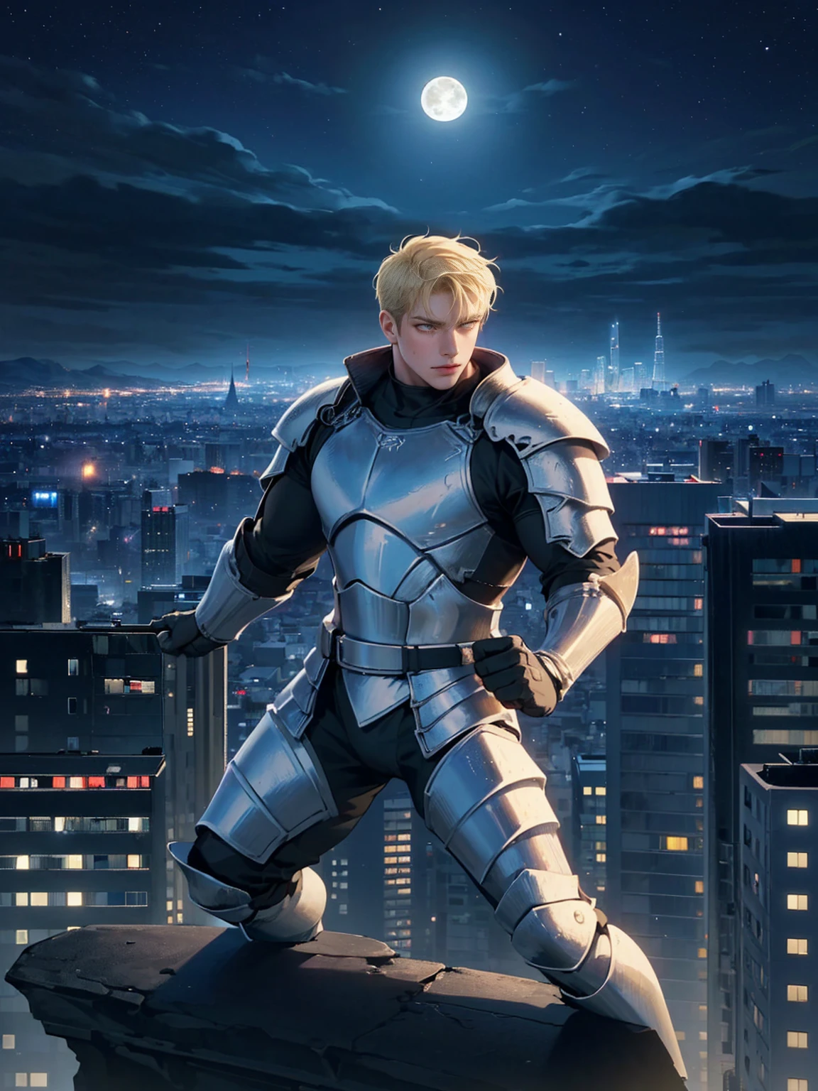 (masterpiece, 4K resolution, Surreal, Very detailed), (Knight theme, Charming, There was a boy at the top of the city, Knight in silver armor, He's a superhero), [ ((20 years), (Blonde short hair:1.2), whole body, (Yellow eyes:1.2), ((Fighting Stance),demonstration of strength), ((Sandy urban environment):0.8)| (city View, night, Dynamic Lighting), (Full Moon))