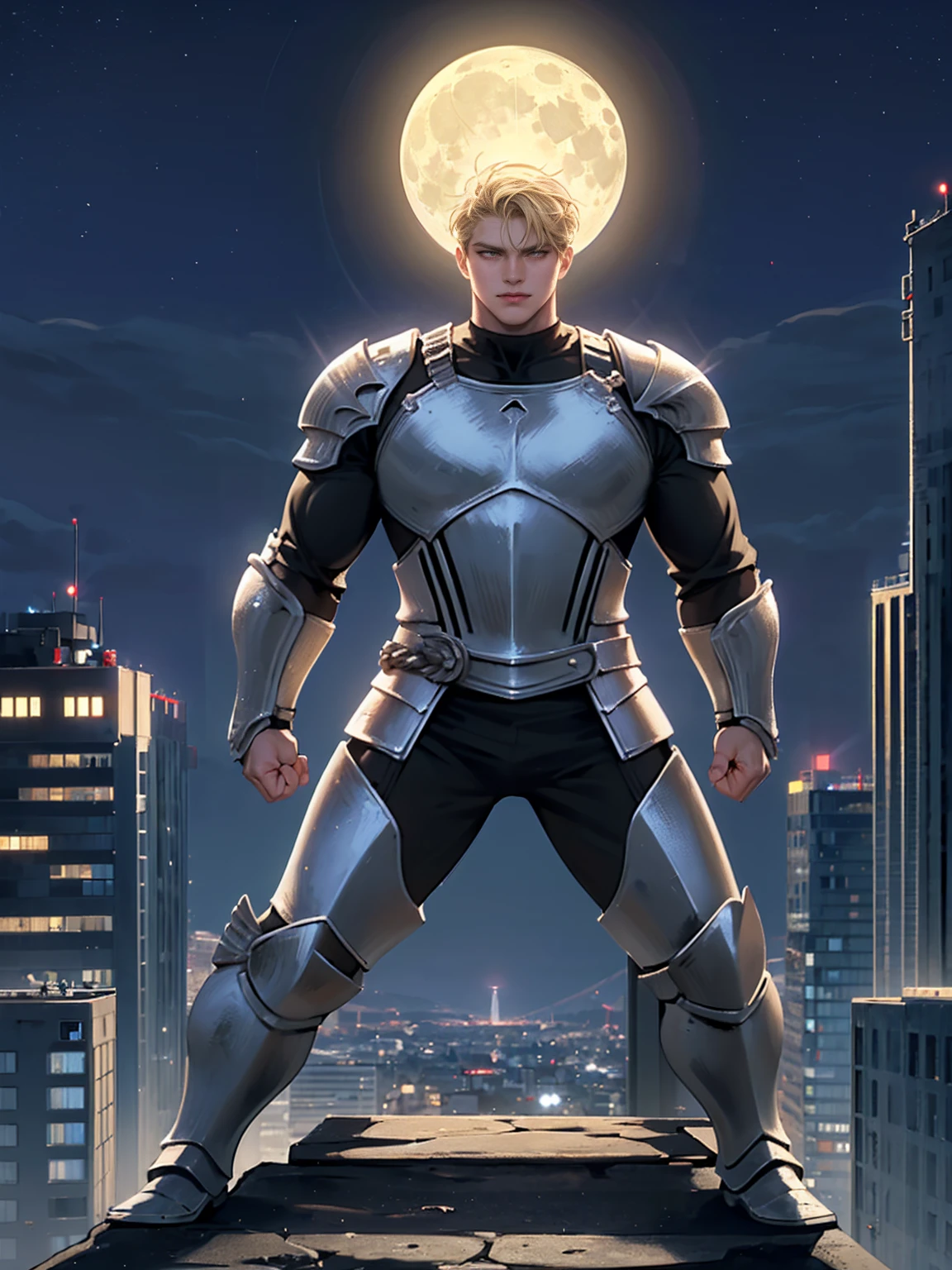 (masterpiece, 4K resolution, Surreal, Very detailed), (Knight theme, Charming, There was a boy at the top of the city, Knight in silver armor, He's a superhero), [ ((20 years), (Blonde short hair:1.2), whole body, (Yellow eyes:1.2), ((Fighting Stance),demonstration of strength), ((Sandy urban environment):0.8)| (city View, night, Dynamic Lighting), (Full Moon))