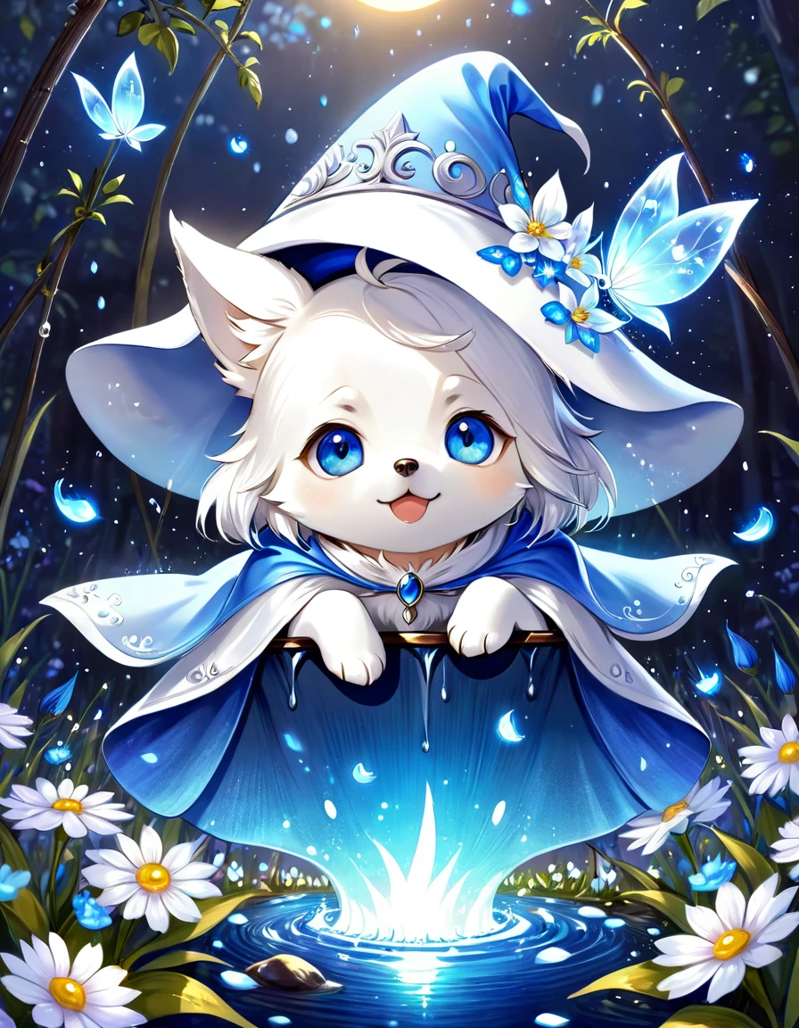 absurdres, highres, ultra detailed, HDR, master piece, small dog, white dog, expressive blue eyes, magical hat, cute, best quality, blue moon, flowers, fantasy, magical, solo, water, blue shining fireflies, blue petals, cape, the word "Krozseria" is written on the picture