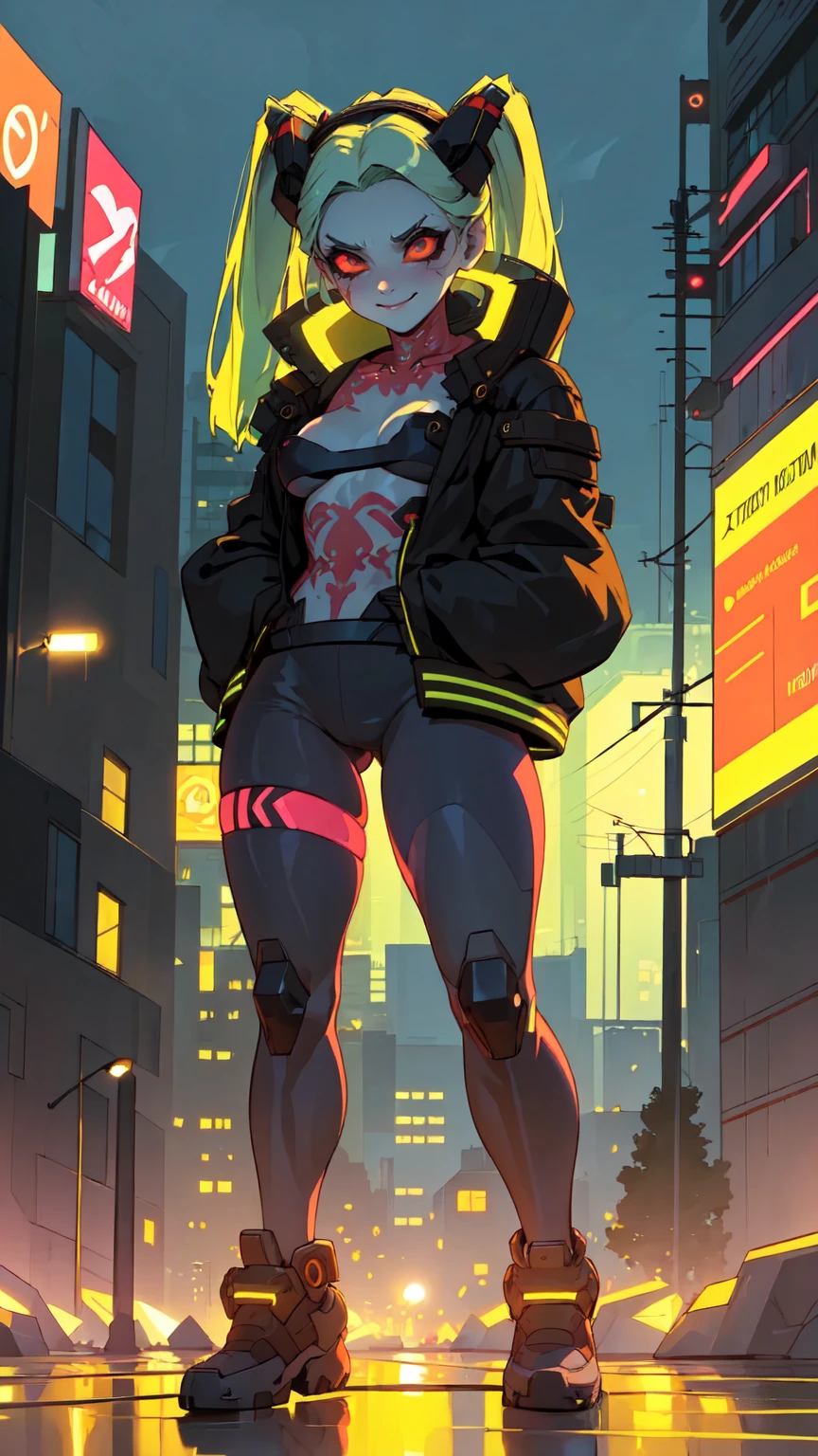 work of art, best qualityer, ultra detali, illustration, epic lighting, film composition, 1 girl, cute, red sclera,red pupils, cyborg, tatoo, hair green, colored fur, breasts small, Black jacke, standing, legs apart hands with black gloves with yellow details, lovely gaze, captivating pose, trunk:1.1, gazing at viewer, pretentious smile, cloused mouth, plein-air, citys, cyber punk, neon lights, Street, (natta, tenebrosa, tenebrosaness, tenebrosa como breu, eyeshadows:1.4), (8K:1.1),  