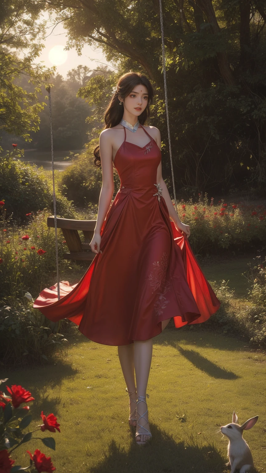 Una mujer hermosa con cabello largo,sonriente, alegre, la mujer llevaba un vestido largo rojo ondeando con gracia al viento,la mujer era muy hermosa, la bella mujer estaba jugando en un columpio, la bella mujer estaba rodeada de hermosas flores rojas, Varios conejos blancos deambulan por la hierba, Noche, Luciérnagas, moonlight at Noche,Hermosa y dulce, romantic, alegre and beautiful 