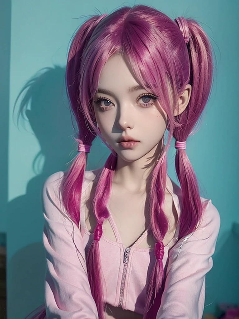 BJD 인형 얼굴, 아름다운 소녀, 분홍색 머리, 두 개의 땋은 머리, 긴 땋은 머리, 셀카 