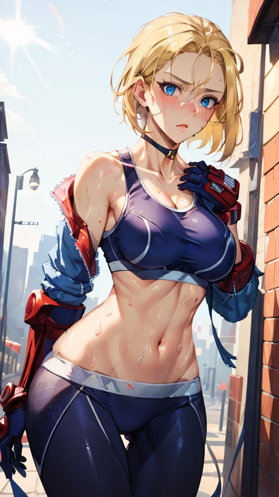 ((((masterpiece, best quality, high resolution)))), Extremely detailed 8K, 1 female, (Cammy White) wearing her Cammy White outfit, (Ultra HD, Ultra-detailed, Highly detailed, Highly realistic, Ultra-realistic, photograph realistic), (1girl:1.5), (Realistic short blond hair), (dynamic poses), facing at camera, looking at viewer, (a serious focus face), (regular blue eyes, sharp eyes), (perky breasts:1.2), (beautiful detailed face, beautiful detailed eyes), ((slightly sweating)), (preparing for a workout), sweat, glow, (sunbeam, sunlight), ((cowboy shot)), streets background, seductive, EnvyBetterHands LoCon,