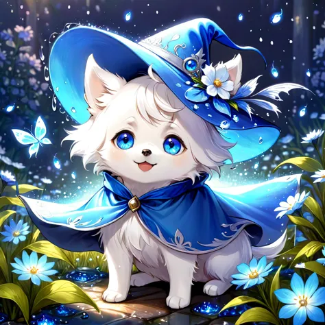 absurdres, highres, ultra detailed, HDR, master piece, small dog, white dog, expressive blue eyes, magical hat, cute, best quali...