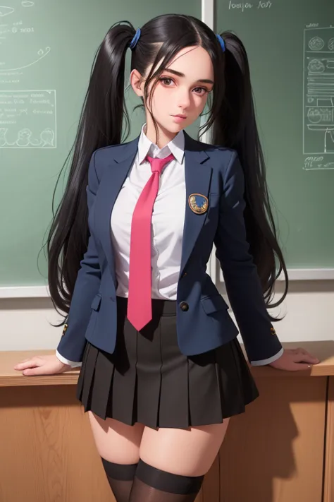a beautiful young woman with long black hair in twin tails, wearing a blue blazer style uniform with a tie and tight skirt, knee...