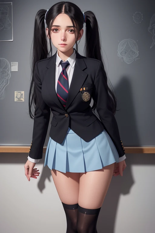 a beautiful young woman with long black hair in twin tails, wearing a blue blazer style uniform with a tie and tight skirt, knee socks, standing in an anatomy club room, gazing at the viewer with a sweet expression, surrounded by drawings of the human body on a blackboard, ultra-detailed, realistic, photorealistic, 8k, high quality, masterpiece