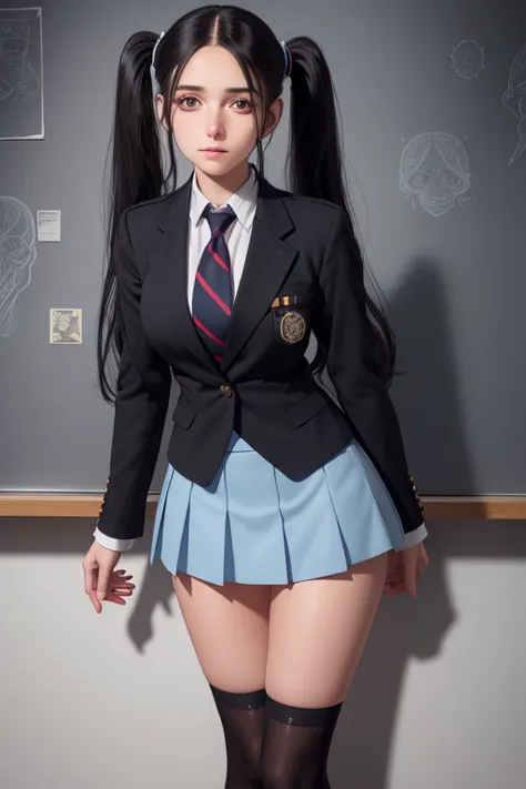 a beautiful young woman with long black hair in twin tails, wearing a blue blazer style uniform with a tie and tight skirt, knee...
