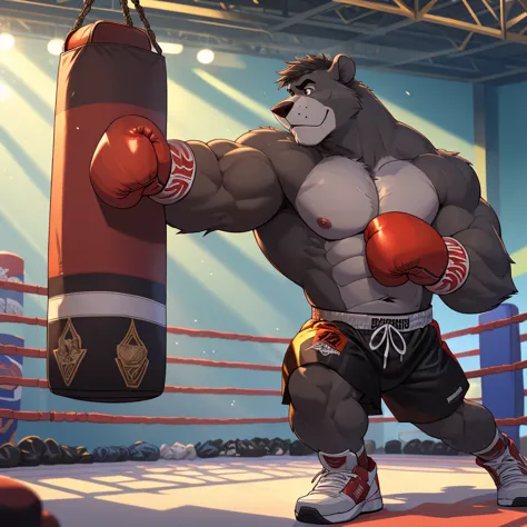 baloo's training for the boxing championship, dark fur, thick arm, huge arm, dark hair, muscular, pectoral, wide pectoral, reali...